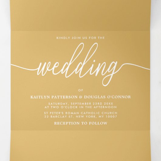 Moderne Gold & White Simple Script Wedding Suite Drieluik Uitnodiging (Binnenkant midden)