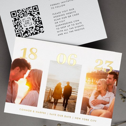 Moderne GOLDEN DATUM Drie Foto QR CODE Save The Da Folie Uitnodiging