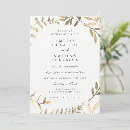 Moderne Golden Leaf bruiloft uitnodiging (Staand voorkant)