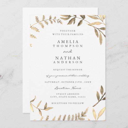 Moderne Golden Leaf bruiloft uitnodiging (Voorkant / Achterkant)