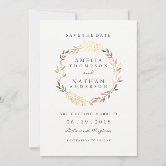 Moderne Golden Leaf Wreath Wedding Save The Date (Voorkant)