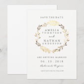 Moderne Golden Leaf Wreath Wedding Save The Date (Voorkant / Achterkant)