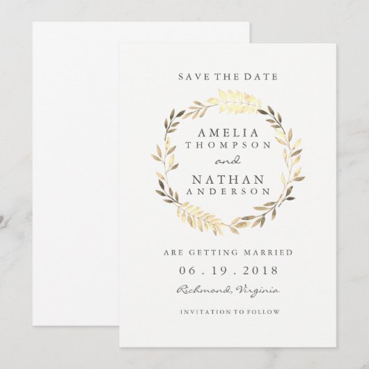 Moderne Golden Leaf Wreath Wedding Save The Date (Voorkant / Achterkant)
