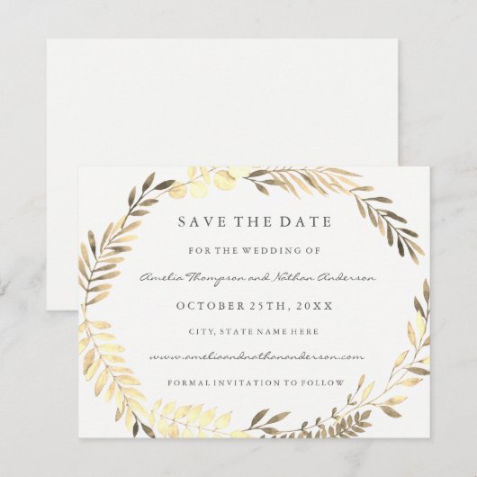 Moderne Golden Leaf Wreath Wedding Save The Date (Voorkant / Achterkant)