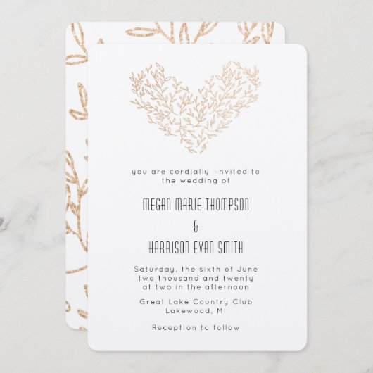 Moderne Golden Wreath Heart Wedding Uitnodiging (Voorkant / Achterkant)