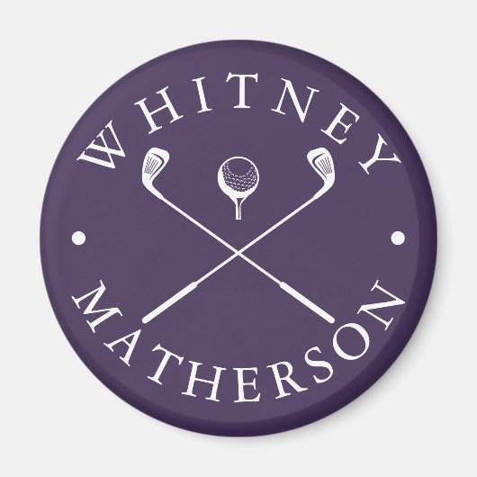 Moderne golfclubs met eigen naam paars en wit magneet (Voorkant)