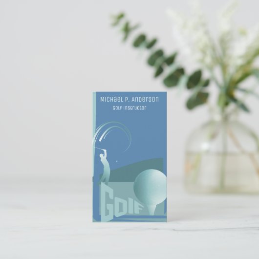 Moderne golfinstructeur golfen blauw visitekaartje (Staand voorkant)