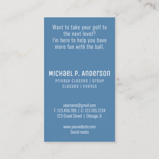 Moderne golfinstructeur golfen blauw visitekaartje (Achterkant)