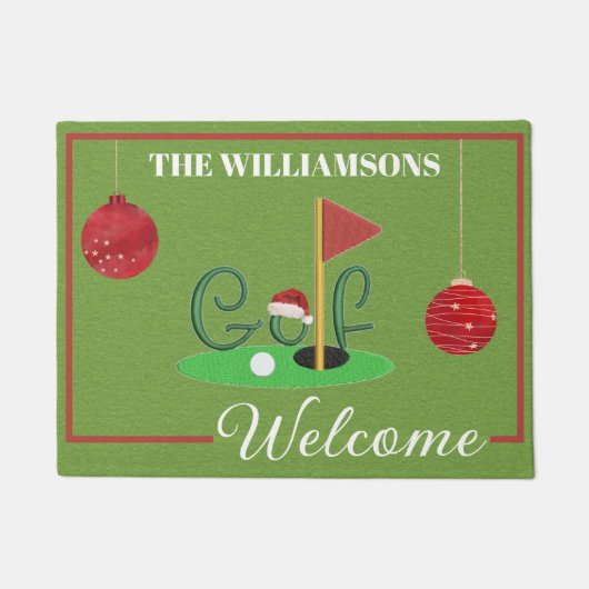 Moderne golfliefhebber Kerstmis Spirit Naam Welkom Deurmat (Voorkant)
