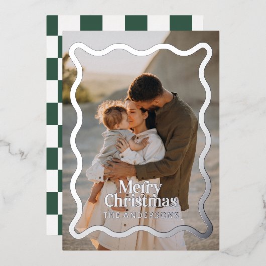 Moderne golvende rand check groene foto kerst folie uitnodiging (Voorkant / Achterkant)