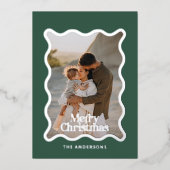 Moderne golvende rand check groene foto kerst folie uitnodiging (Voorkant)