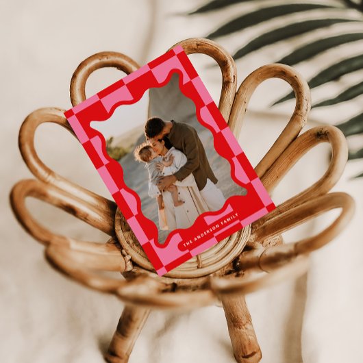 Moderne golvende rand check minimale kerstfoto feestdagenkaart