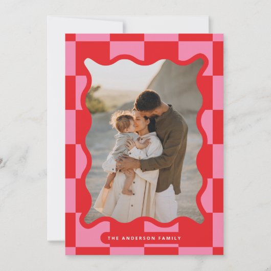 Moderne golvende rand check minimale kerstfoto feestdagenkaart (Voorkant)