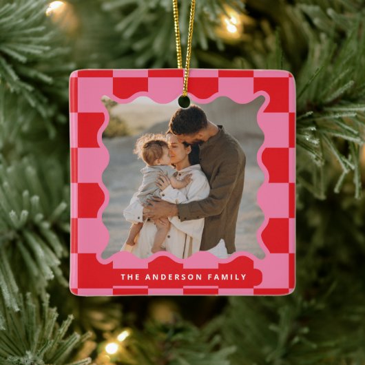 Moderne golvende rand check minimale kerstfoto keramisch ornament (Boom)