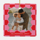 Moderne golvende rand check minimale kerstfoto keramisch ornament (Achterkant)