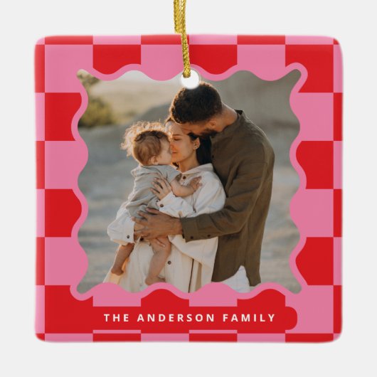 Moderne golvende rand check minimale kerstfoto keramisch ornament (Voorkant)