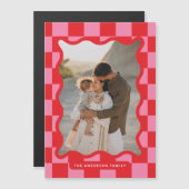 Moderne golvende rand check minimale kerstfoto magnetische uitnodiging (Voorkant / Achterkant)