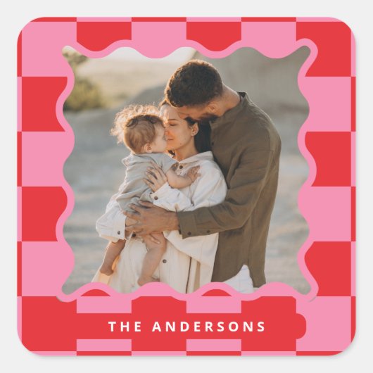 Moderne golvende rand check minimale kerstfoto vierkante sticker (Voorkant)