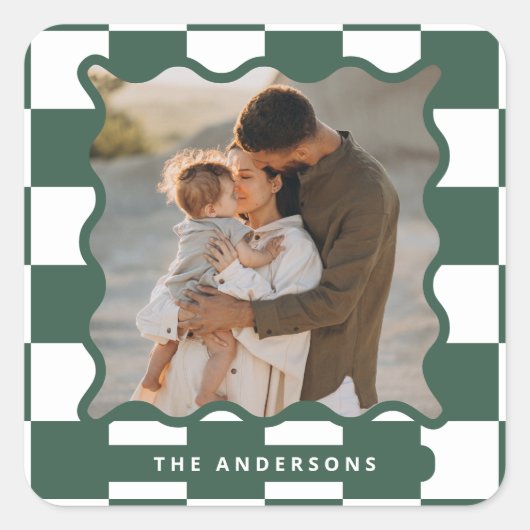Moderne golvende rand check minimale kerstfoto vierkante sticker (Voorkant)