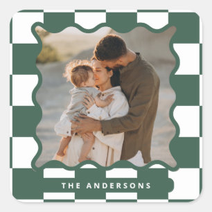 Moderne golvende rand check minimale kerstfoto vierkante sticker