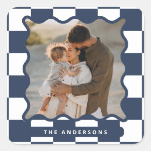 Moderne golvende rand check minimale kerstfoto vierkante sticker