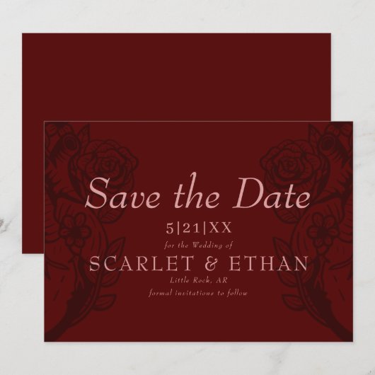 Moderne Gothic Elegant Red Floral Heart Wedding Save The Date (Voorkant / Achterkant)