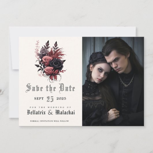 Moderne Gothic Zwart en WoodRose Foto Save The Date (Voorkant)