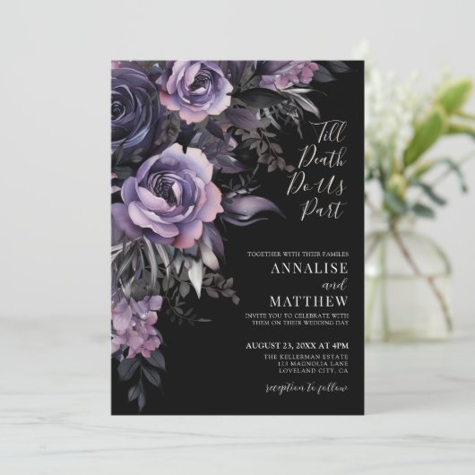 Moderne Gotische Bloemen Zwart Bruiloft Kaart (Staand voorkant)