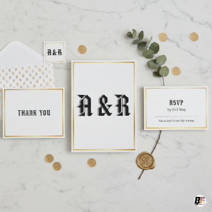 Moderne gotische monogram trouwuitnodiging - Zwart