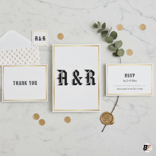 Moderne gotische monogram trouwuitnodiging - Zwart