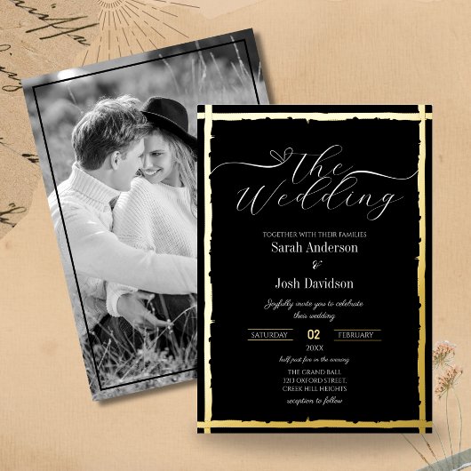 Moderne gotische zwart gouden foto bruiloft folie uitnodiging