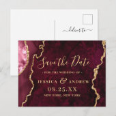 Moderne goud bordeauxrood agaat marmeren Save the  Aankondigingskaart (Voorkant / Achterkant)