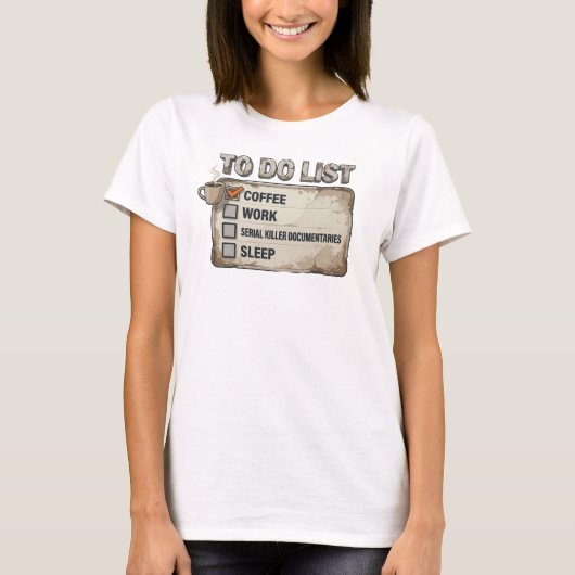 Moderne Goud COFFIE WERK ECHTE MISDAAD Kunstprint T-shirt (Voorkant)