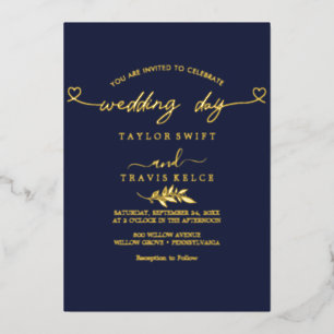 Moderne goud folie script Navy Trouwdag Uitnodiging