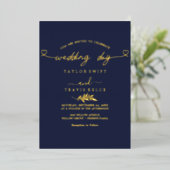 Moderne goud folie script Navy Trouwdag Uitnodiging (Staand Voorkant)