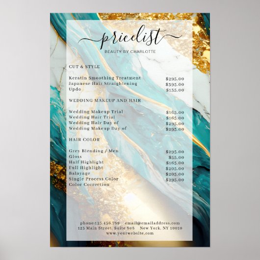 Moderne goud-groen-glitter marmeren salon Preislis Poster (Voorkant)