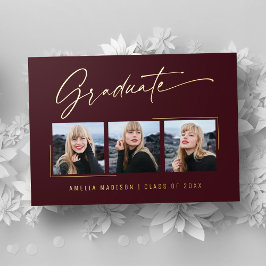 Moderne goud inkt script bordeauxrood afstudeerfot folie uitnodiging