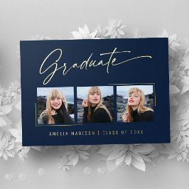 Moderne goud inkt script donkerblauwe afstudeerfot folie uitnodiging