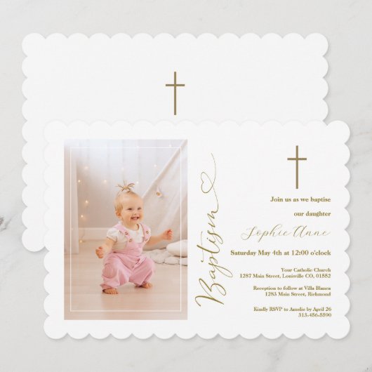 Moderne Goud Meisje Foto Calligrafie Doop  Kaart (Voorkant / Achterkant)