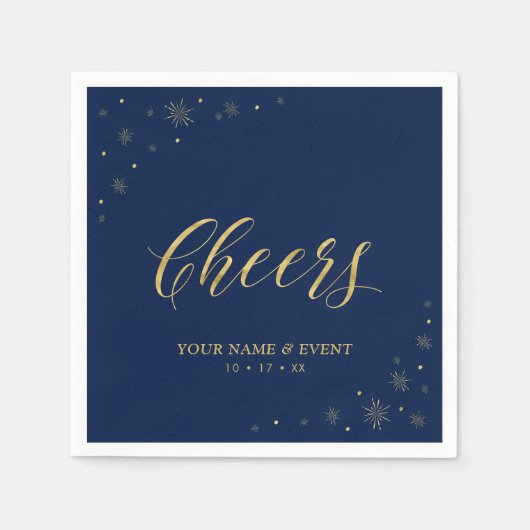 Moderne Goud & Navy Glitter Cheers Aangepaste Fees Servet (Voorkant)