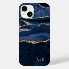 Moderne Goud & Navy Marmer Agate Monogram Case-Mat Case-Mate iPhone 14 Hoesje
