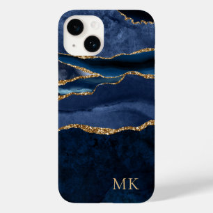 Moderne Goud & Navy Marmer Agate Monogram Case-Mat Case-Mate iPhone 14 Hoesje