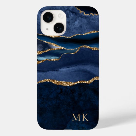 Moderne Goud & Navy Marmer Agate Monogram Case-Mat Case-Mate iPhone Case (Achterkant)