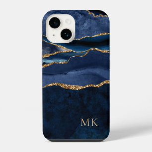 Moderne Goud & Navy Marmer Agate Monogram Case-Mat iPhone 14 Hoesje