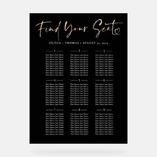 Moderne Goud & Zwart Trouwstoel Grafiek Acryl Bord (Voorkant)