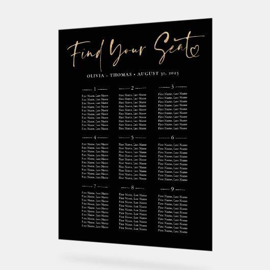 Moderne Goud & Zwart Trouwstoel Grafiek Acryl Bord (Hoek)