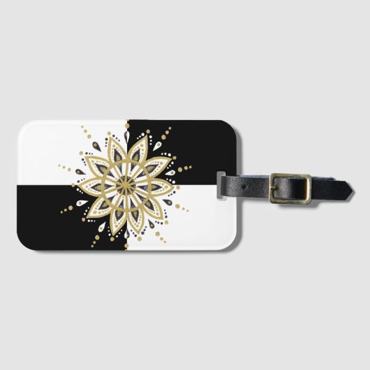 Moderne goud zwart-wit mandala-ontwerp bagagelabel (Voorkant (horizontaal))