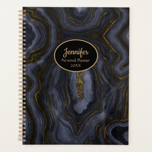Moderne goud & zwarte kristal agaat personaliseer planner (Voorkant)