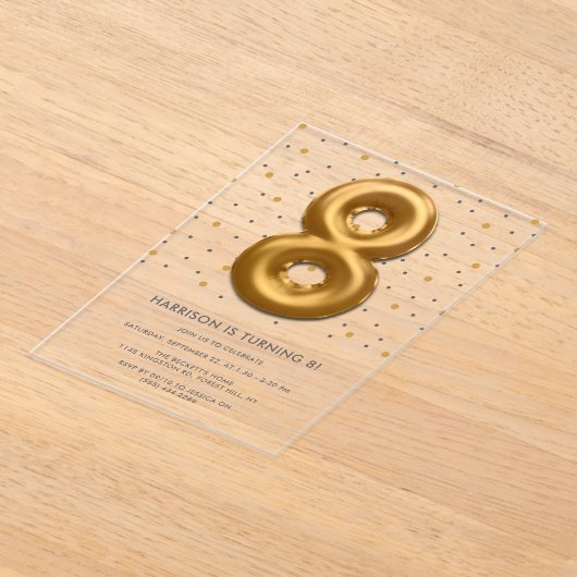 Moderne goudballon 8e verjaardag acryl uitnodigingen (Laagn)