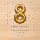 Moderne goudballon 8e verjaardag acryl uitnodigingen (Voorkant)